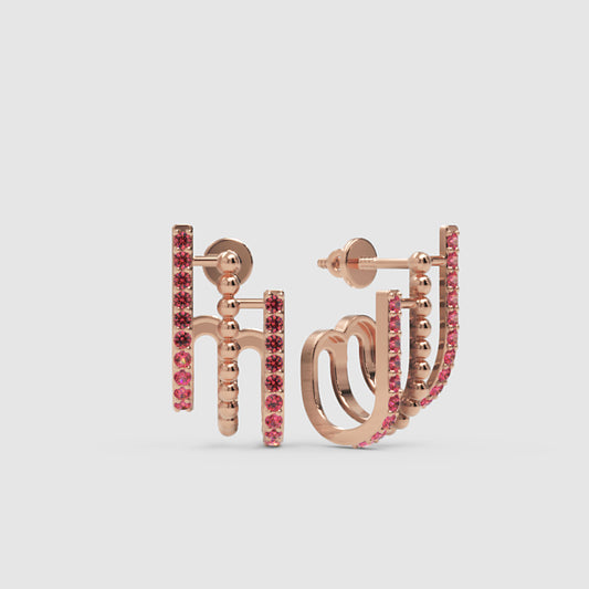 Pink Gemstone Geometric Hoop Stud Earrings with Beaded Detail