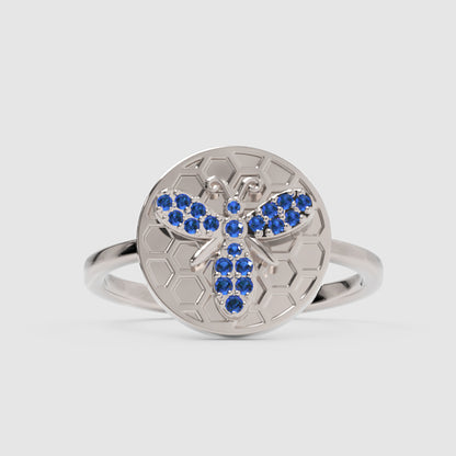 Blue Sapphire Honeycomb Bee Ring With Hexagonal Pattern Design - One