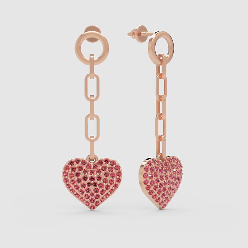 Pink Crystal Heart Chain Link Drop Earrings - One
