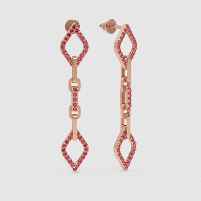 Ruby Chain Link Drop Earrings With Diamond Shaped Accents - One