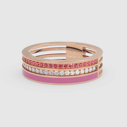 Gold Ruby Diamond Multi-Row Band Ring With Pink Enamel – Statement Luxury Ring - One