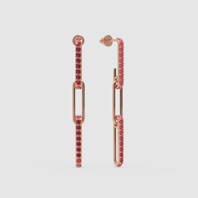 Pink Sapphire Pav Link Drop Earrings With Paperclip Design - One