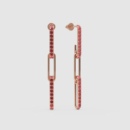 Pink Sapphire Pav Link Drop Earrings With Paperclip Design - One