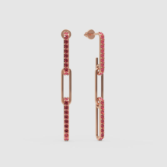 Pink Sapphire Pav Link Drop Earrings With Paperclip Design - One