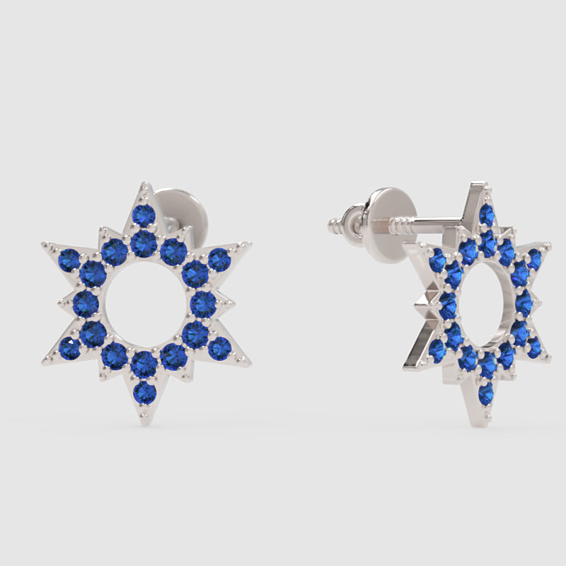 Blue Sapphire Star Of David Stud Earrings With Diamond Accents - One