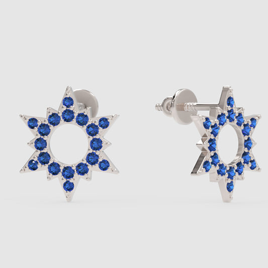 Blue Sapphire Star Of David Stud Earrings With Diamond Accents - One