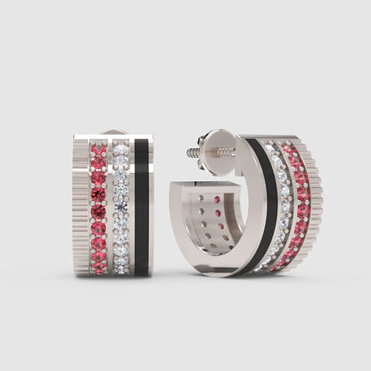 Ruby & Diamond Triple Row Hoop Earrings In White Gold With Black Enamel – Bold Luxury Hoops | Jebij - One