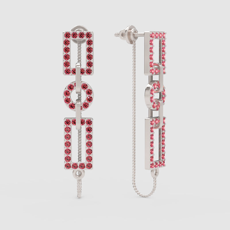 Red Gemstone Geometric Chain Drop Earrings With Rectangle And Circle Links - One