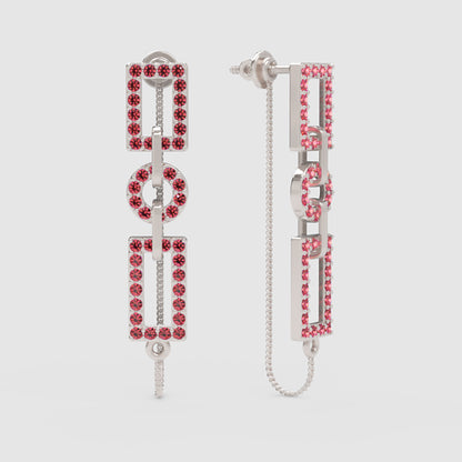 Red Gemstone Geometric Chain Drop Earrings With Rectangle And Circle Links - One