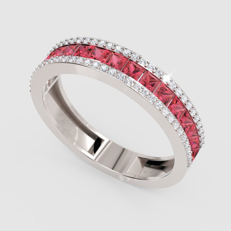 Princess Cut Ruby And Diamond Channel Set Wedding Band Ring - Four