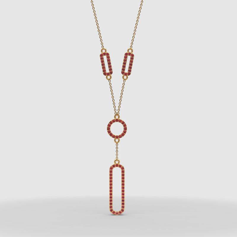 Lab-Grown Ruby Geometric Drop Y Necklace In Yellow Gold | Modern Pave Circle & Bar Design (16–17 Inch Adjustable) | Jebij - One