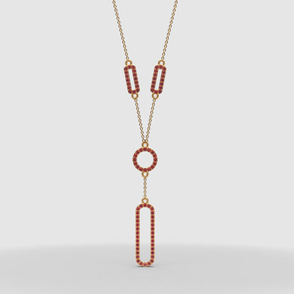 Lab-Grown Ruby Geometric Drop Y Necklace In Yellow Gold | Modern Pave Circle & Bar Design (16–17 Inch Adjustable) | Jebij - One