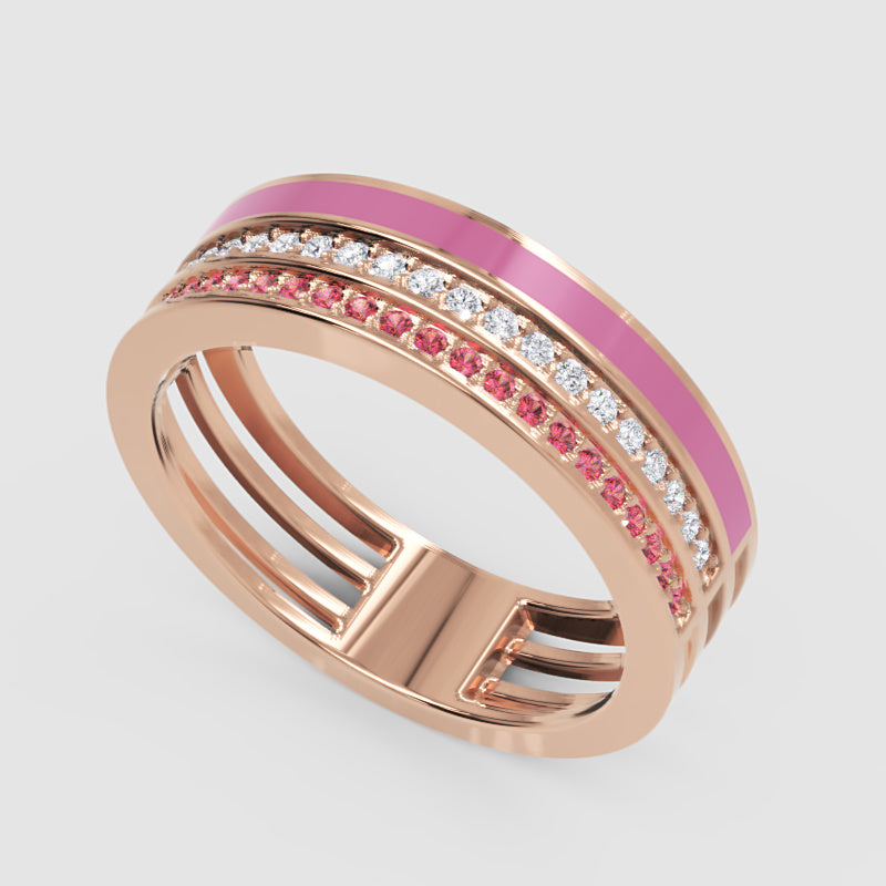 Gold Ruby Diamond Multi-Row Band Ring With Pink Enamel – Statement Luxury Ring - Three