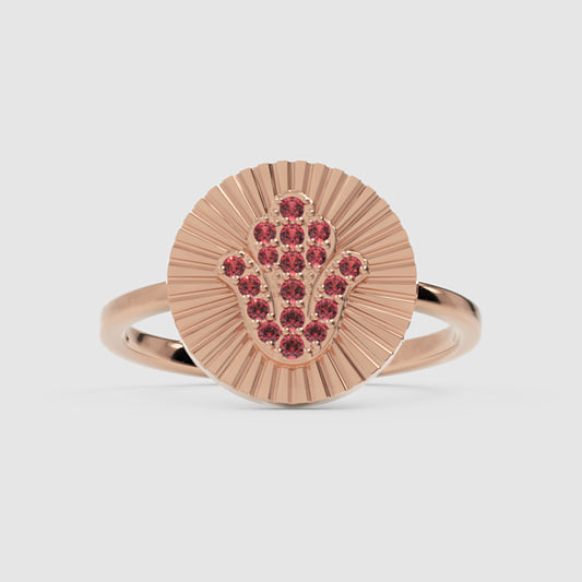 Ruby Hamsa Hand Disc Ring With Sunburst Detail - One
