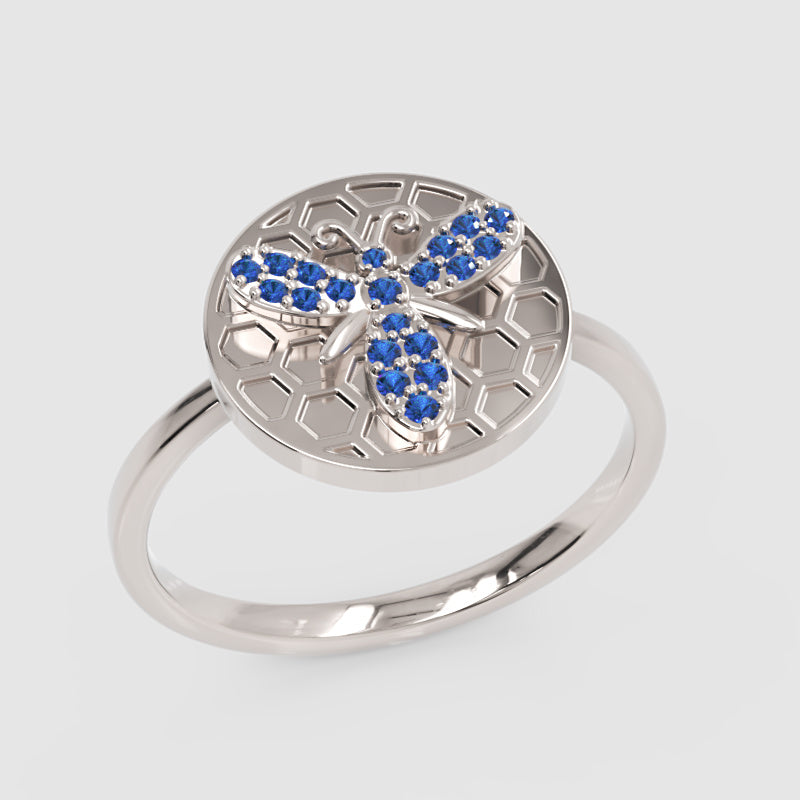 Blue Sapphire Honeycomb Bee Ring With Hexagonal Pattern Design - Three