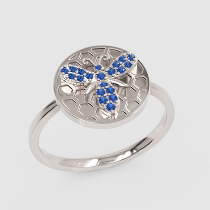 Blue Sapphire Honeycomb Bee Ring With Hexagonal Pattern Design - Three