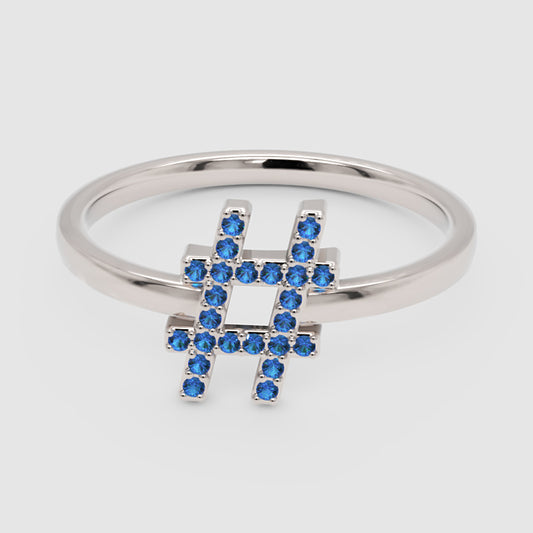 Blue Sapphire Hashtag Symbol Ring With Pav Stones - One