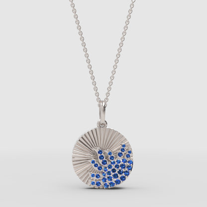Blue Sapphire Sunburst Disc Pendant Necklace - One