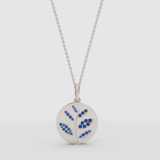 Blue Crystal Leaf Branch Disc Pendant Necklace - One