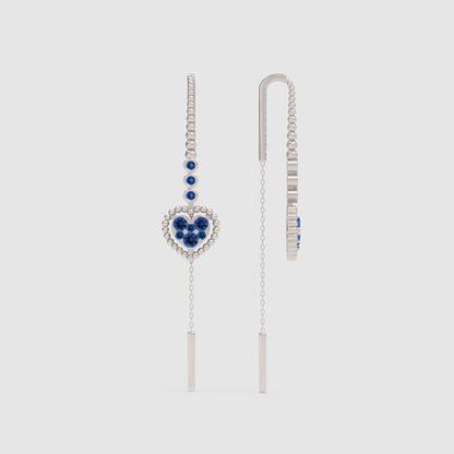 Blue Sapphire Heart Threader Earrings With Bar Drop - One