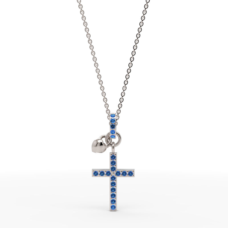 Blue Crystal Cross Pendant Necklace With Heart Charm - One