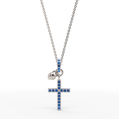 Blue Crystal Cross Pendant Necklace With Heart Charm - One