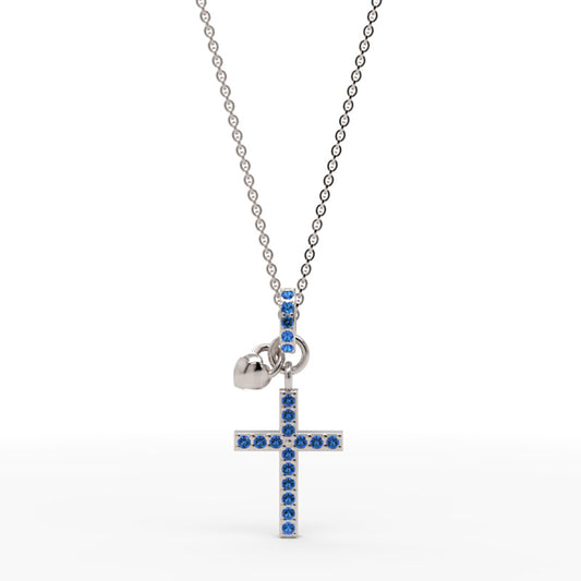 Blue Crystal Cross Pendant Necklace With Heart Charm - One