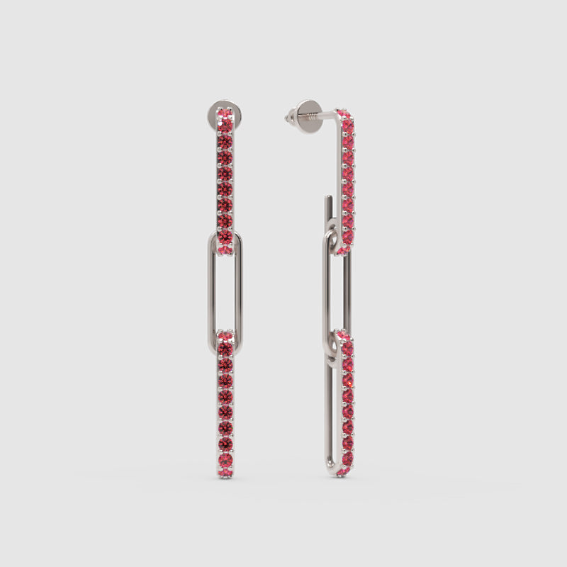 Pink Sapphire Pav Link Drop Earrings With Paperclip Design - Three