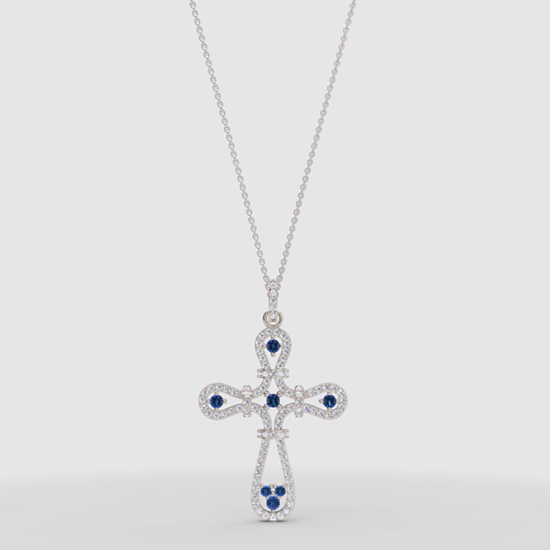 Blue Sapphire And Diamond Cross Pendant Necklace - One