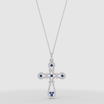 Blue Sapphire And Diamond Cross Pendant Necklace - One