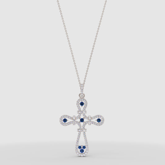 Blue Sapphire And Diamond Cross Pendant Necklace - One