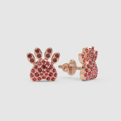 Red Crystal Paw Print Stud Earrings With Screw Back - One