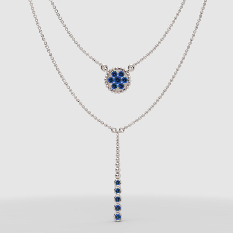 Blue Crystal Flower Double Layer Drop Necklace - One