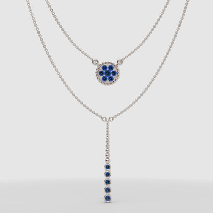 Blue Crystal Flower Double Layer Drop Necklace - One