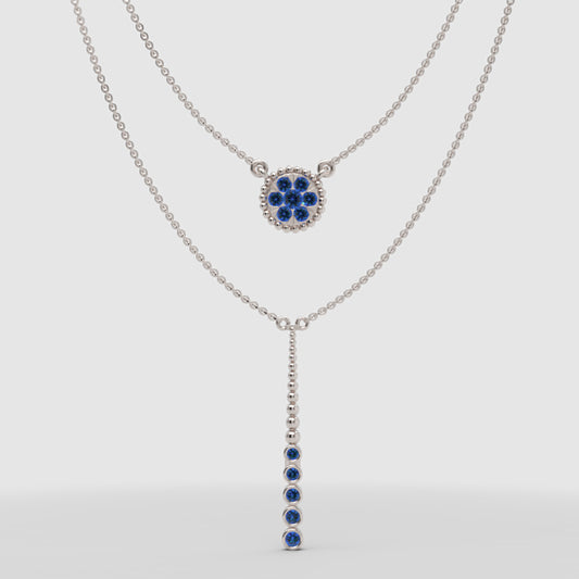 Blue Crystal Flower Double Layer Drop Necklace - One