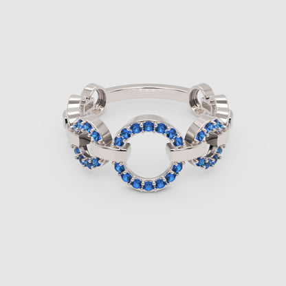 Blue Sapphire Multi-Link Circular Ring In White Gold | Double Pave Interlocking Chain Statement Luxury Ring For Women | Jebij - One