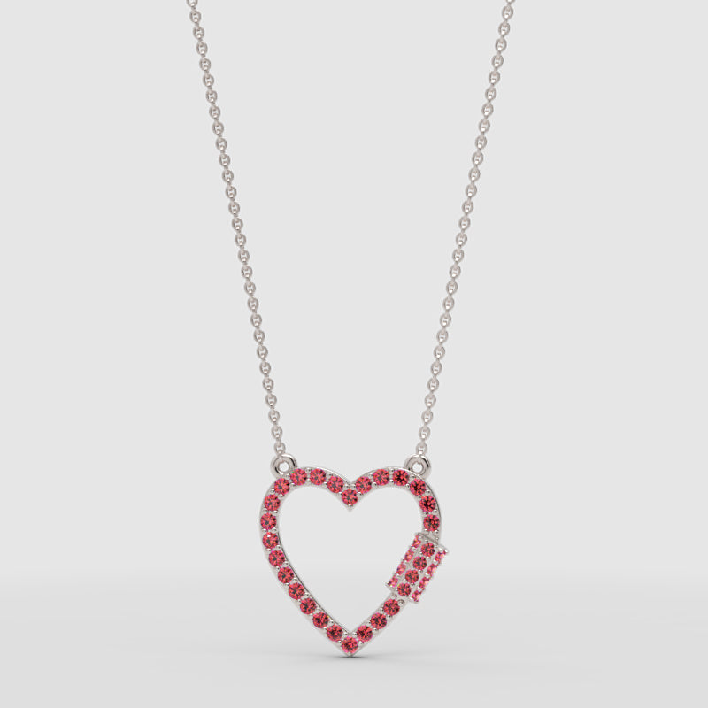 Lab-Grown Ruby Open Heart Necklace In White Gold | Romantic Pave Pendant With Adjustable 16–17 Inch Chain - One