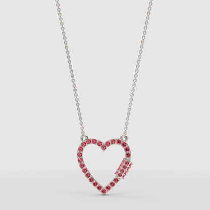 Lab-Grown Ruby Open Heart Necklace In White Gold | Romantic Pave Pendant With Adjustable 16–17 Inch Chain - One