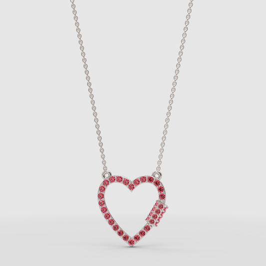 Lab-Grown Ruby Open Heart Necklace In White Gold | Romantic Pave Pendant With Adjustable 16–17 Inch Chain - One