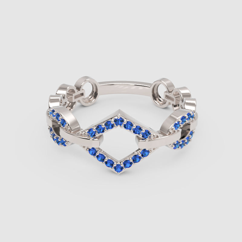 Blue Sapphire Chevron Chain Link Ring In White Gold | Geometric Double V Statement Ring For Women | Jebij - One
