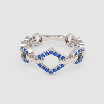 Blue Sapphire Chevron Chain Link Ring In White Gold | Geometric Double V Statement Ring For Women | Jebij - One
