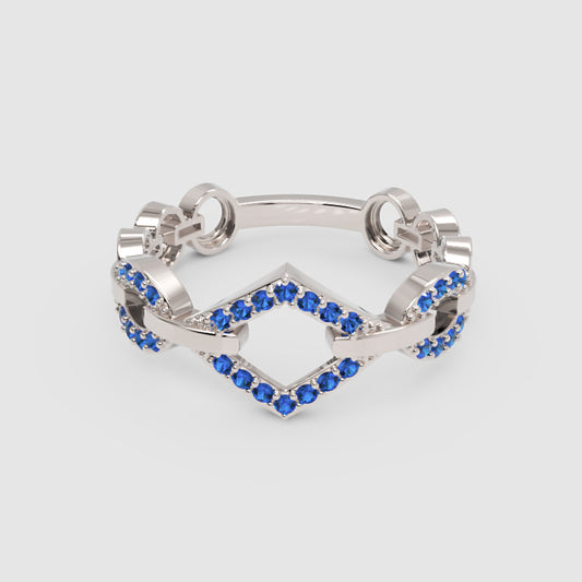 Blue Sapphire Chevron Chain Link Ring In White Gold | Geometric Double V Statement Ring For Women | Jebij - One