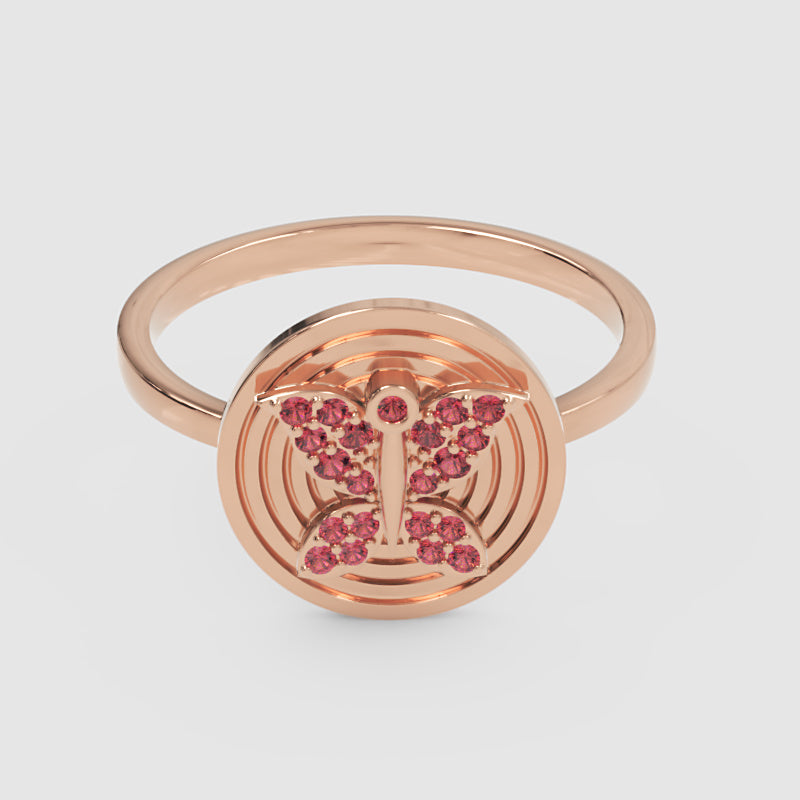 Rose Butterfly Medallion Ring With Pink Gemstones - One