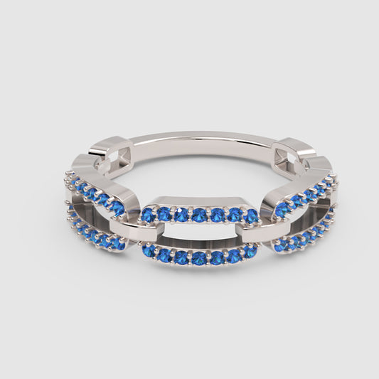 Lab-Grown Blue Sapphire Interlocking Link Ring in White Gold | Double Pave Luxury Chain Design Statement Ring for Women | Jebij