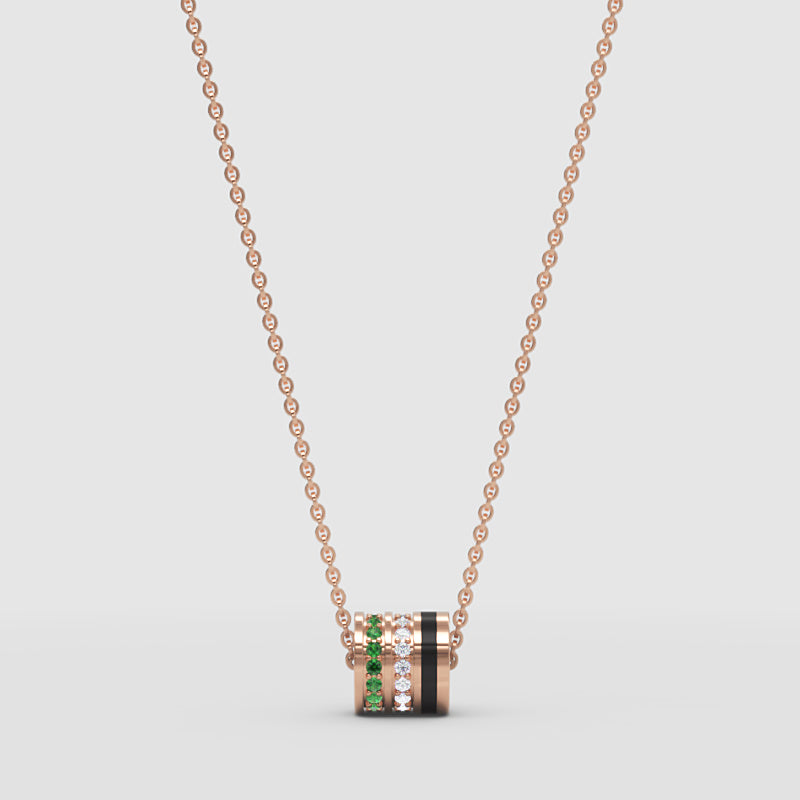 Emerald And Diamond Barrel Pendant Necklace With Black Enamel Accent - One