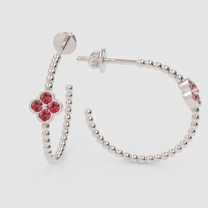 Beaded Hoop Earrings With Pink Crystal Flower Accent - Three