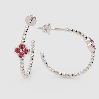 Beaded Hoop Earrings With Pink Crystal Flower Accent - Three