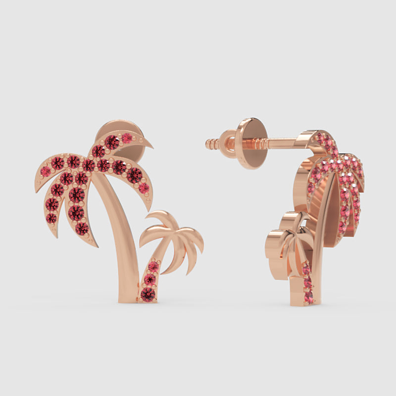Pink Crystal Palm Tree Stud Earrings - One