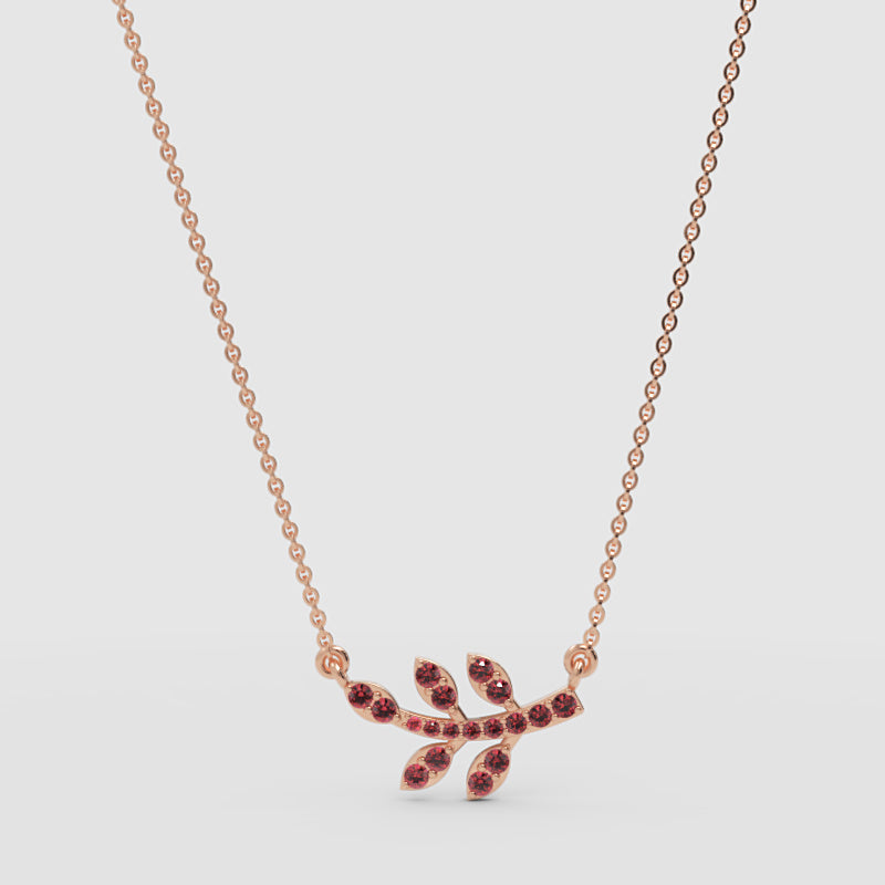 Garnet Leaf Branch Pendant Necklace With Rose Tone Chain - One