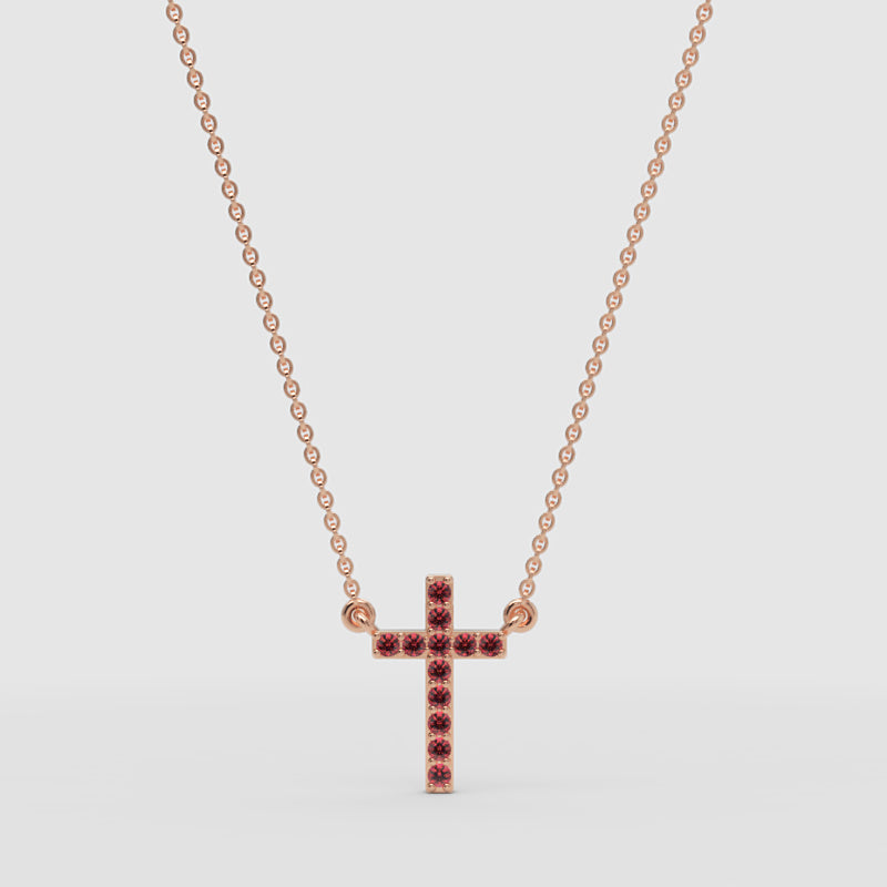 Red Crystal Cross Pendant Necklace With Rose Tone Chain - One
